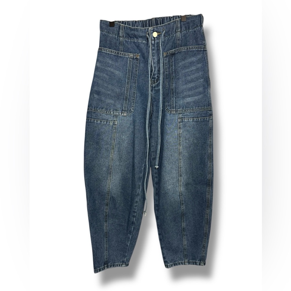 Women’s Denim Cotton Blend Drawstring Barrel Jeans Sz M Medium EUC